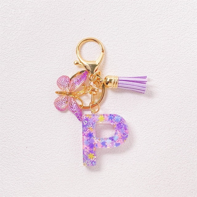 Initial Letter Keychains For Women Tassel Purple Cute Car Keychain For Wallet Backpack Bag