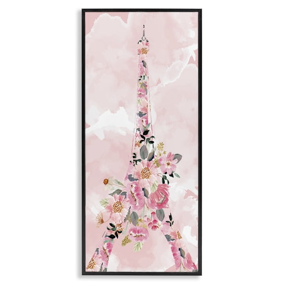 Stupell Industries Shabby Chic Floral Pattern Eiffel Tower Black Framed Giclee Art, 10 x 24, by Kim Allen