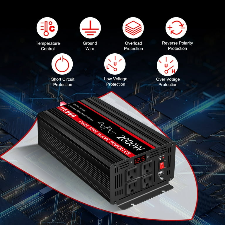 JIGUUN 2000 Watt Pure Sine Wave Inverter, Power Converter 12V DC 