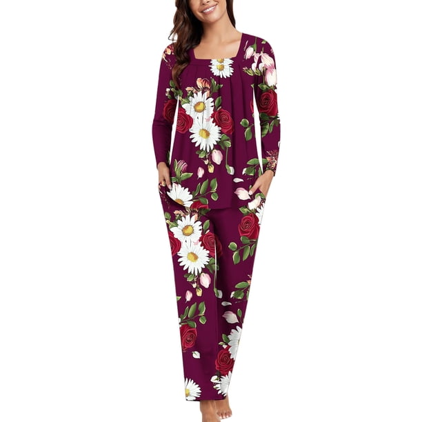 Puntoco Conjunto de pijama cómodo para mujer, conjunto de pijama informal de manga larga con estampado de moda para mujer y pantalones con bolsillos
