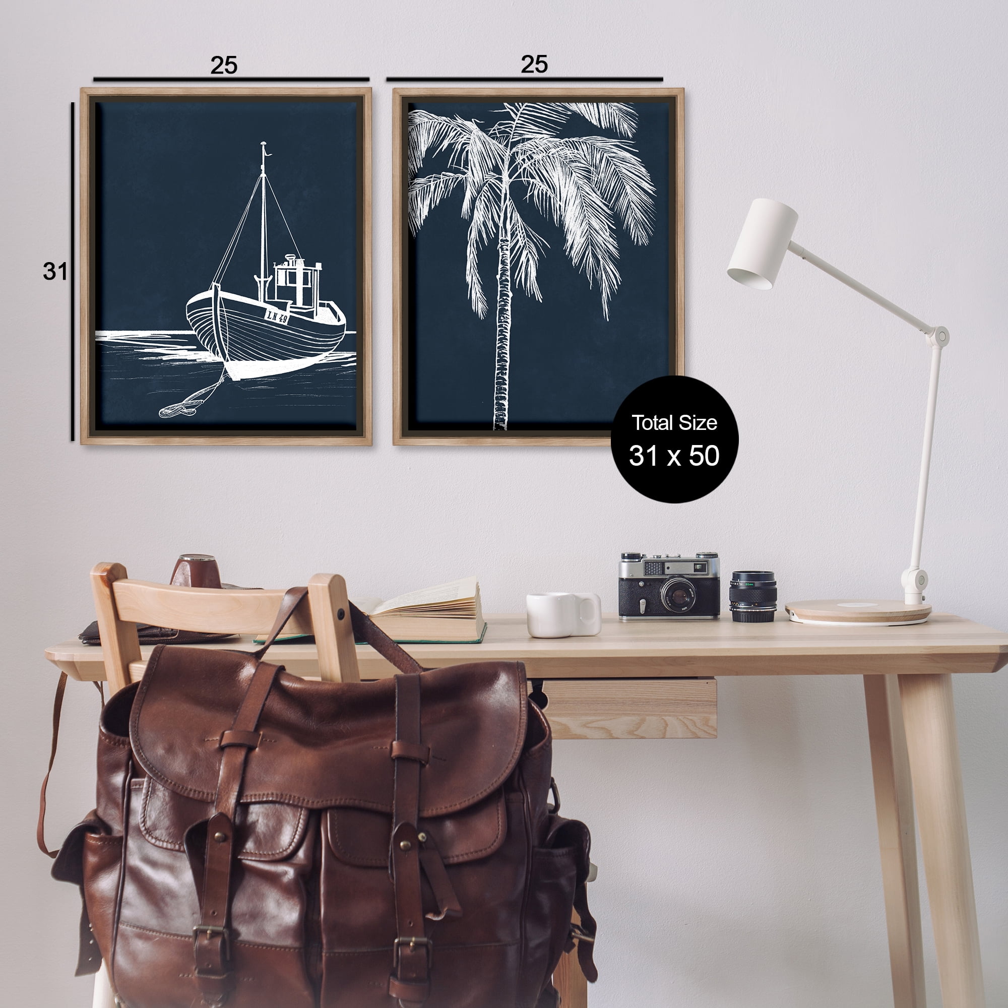 Stupell Industries Blue Boat & Palm Transportation Painting Brown Floater Framed Canvas Art Print Wall Art, 31 x 25, Set of 2