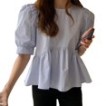 thumbnail image 1 of Camisa de gasa de manga corta abombada para mujer, blusa de manga corta con dobladillo con volantes y cuello redondo holgado elegante a la moda de verano para mujer, Top azul XL, 1 of 8