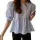 thumbnail image 1 of Blusa de gasa con volantes en el dobladillo y mangas abullonadas - Azul medio Summer Chic, 1 of 8