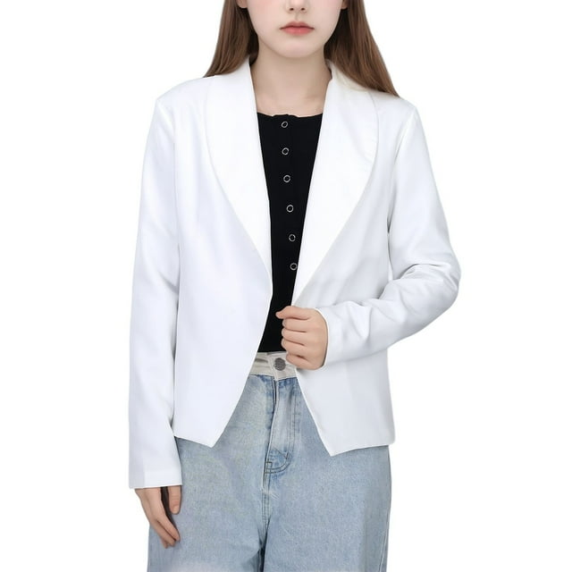 Veste Blazer pour Filles à Manches Longues, Col à Cran/col à Revers avec Poche Intérieure, devant Ouvert, Veston Décontracté pour Enfants, Vestes Blazer pour Enfants, Blanc, 9-10 Ans