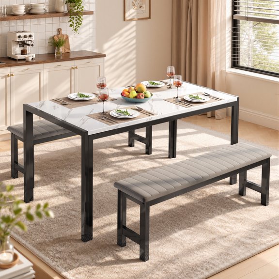 PORKISS Dining Room Table Set, 3-Piece Breakfast Nook Dining Set with Benches, Modern Faux Marble Tabletop, Upholstered Velvet Benches, Metal Frame, White Gray Black