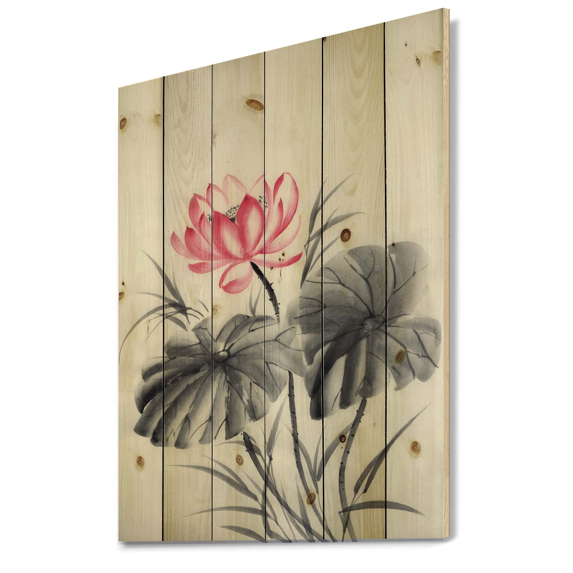 Designart 'Two Monochrome Leaves With Lotus Flower' Traditional Print on Natural Pine Wood