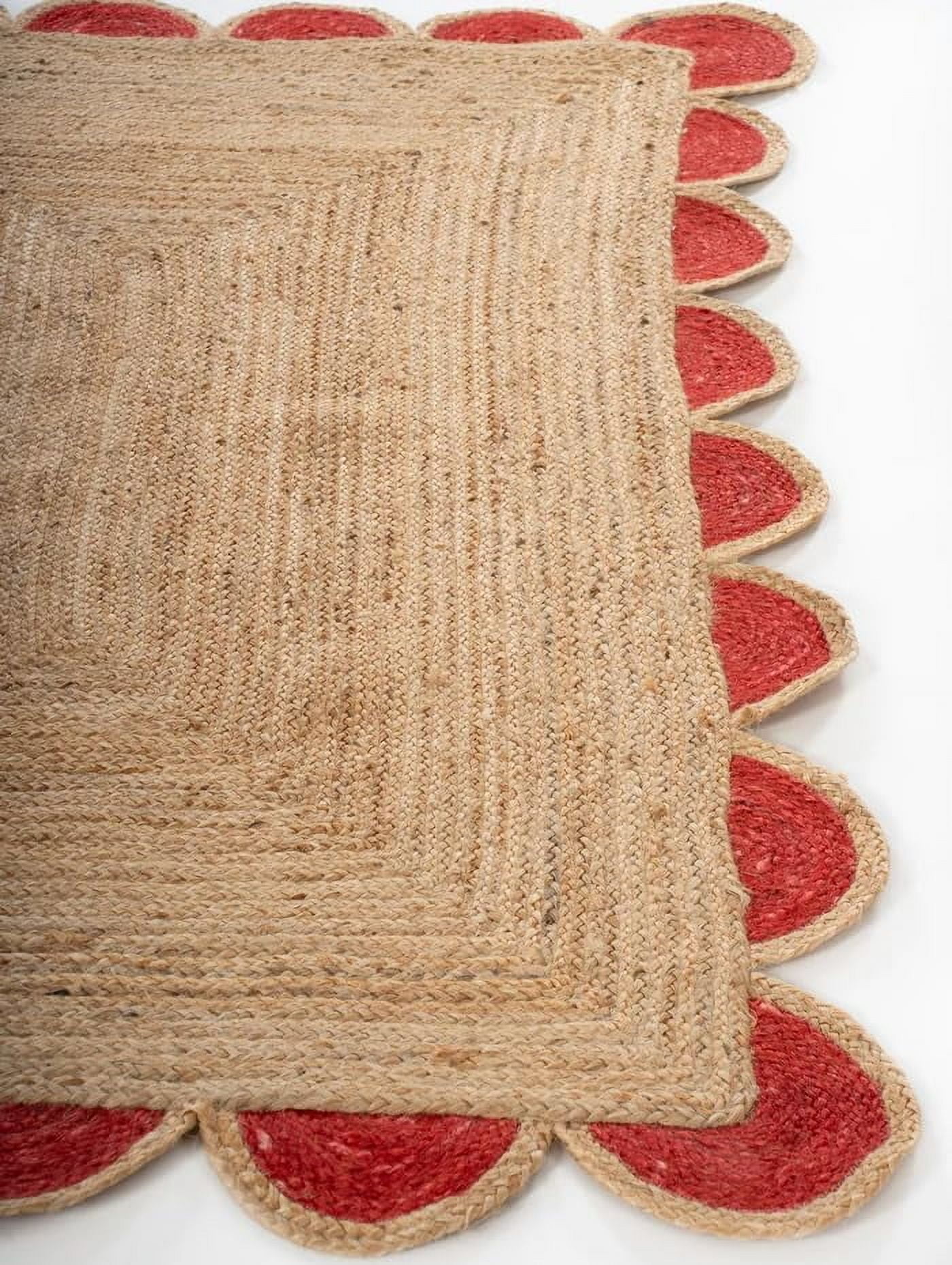 Handwoven Natural Jute Red Scalloped Rugs , Home Décor Jute Carpet 2.6 x 4 Feet ( 75 cm x 120 cm )Runner