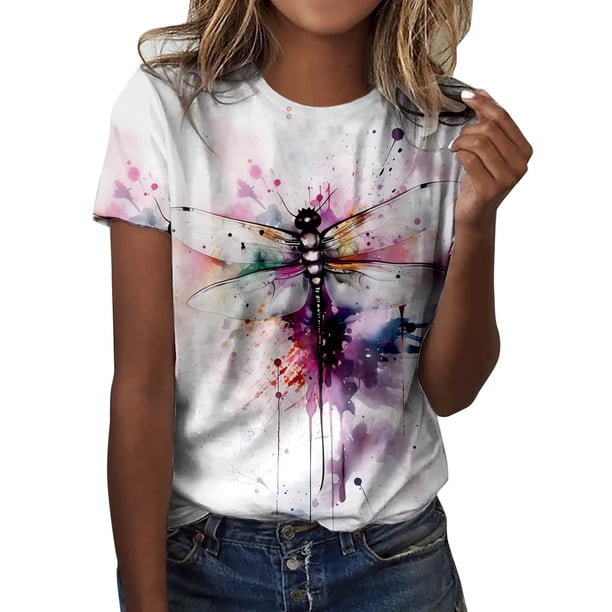 Gibobby Playera Manga Corta para Mujer Camiseta con estampado y flores manga corta con cuello redondo y moda informal verano para mujer(Rosa,CH)