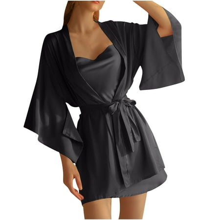POIUYTR Satin Babydoll Nightdress for Women - Spaghetti Strap Backless Short Dress with Bathrobe Set Valentines Gift for Her  Bridal Set Accessories