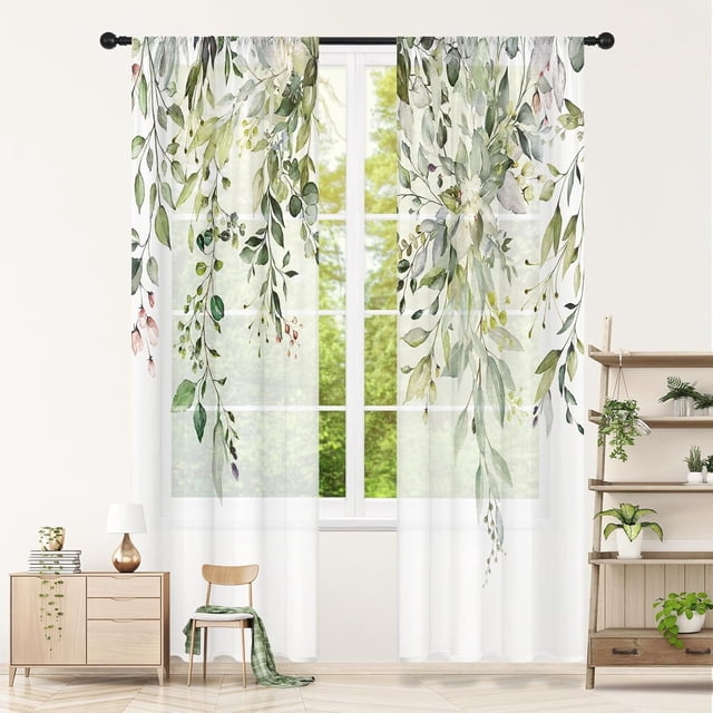 Spring Summer Sheer Curtains 84 Inches Long 2 Panels, Sage Green Semi Sheer Curtains Light Filtering, Eucalyptus Leaves Soft Drapes for Bedroom Living Room Dining Room Window, 52" X 84"