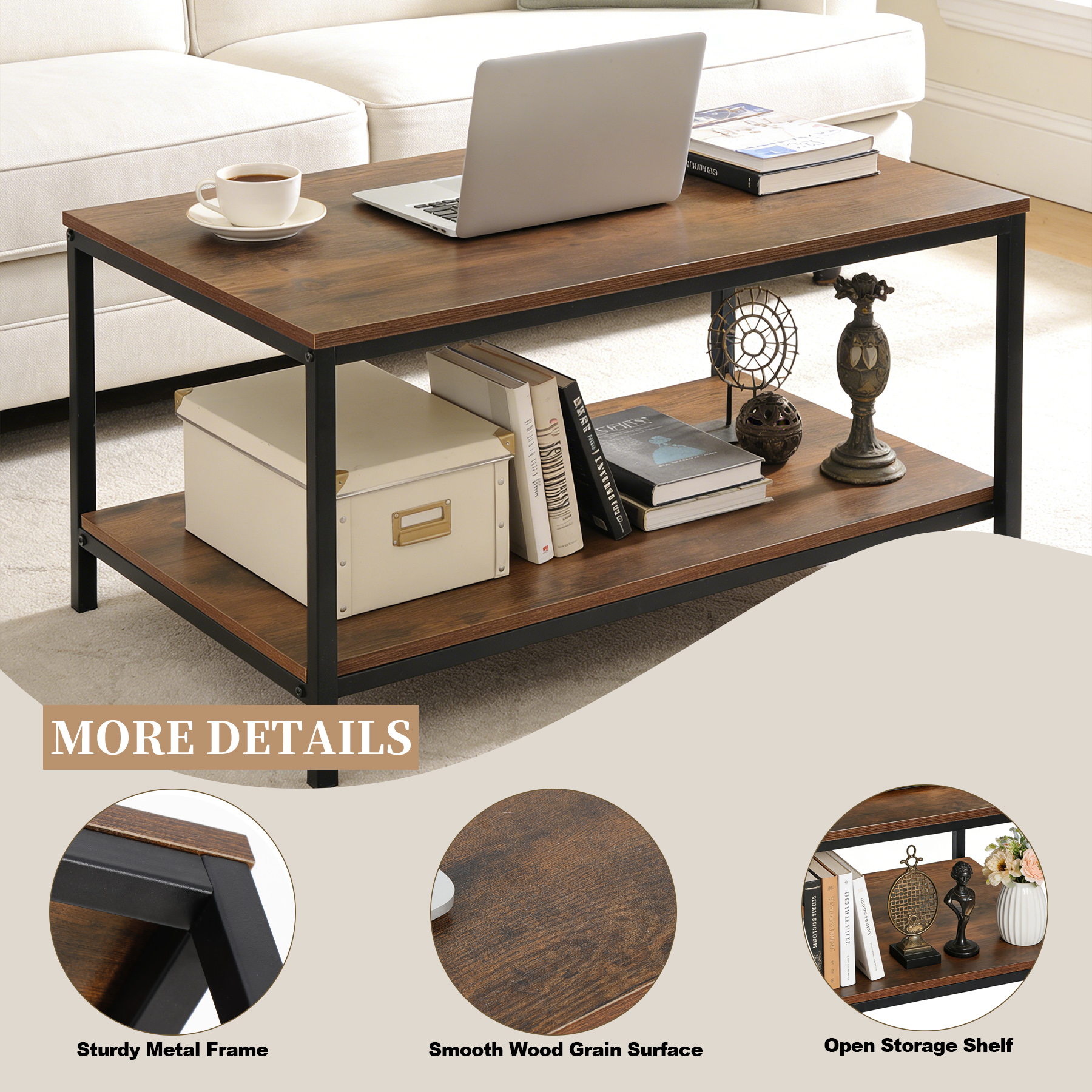 HomGarden Industrial Rectangle Wood Coffee Table, Rustic Brown photo 5