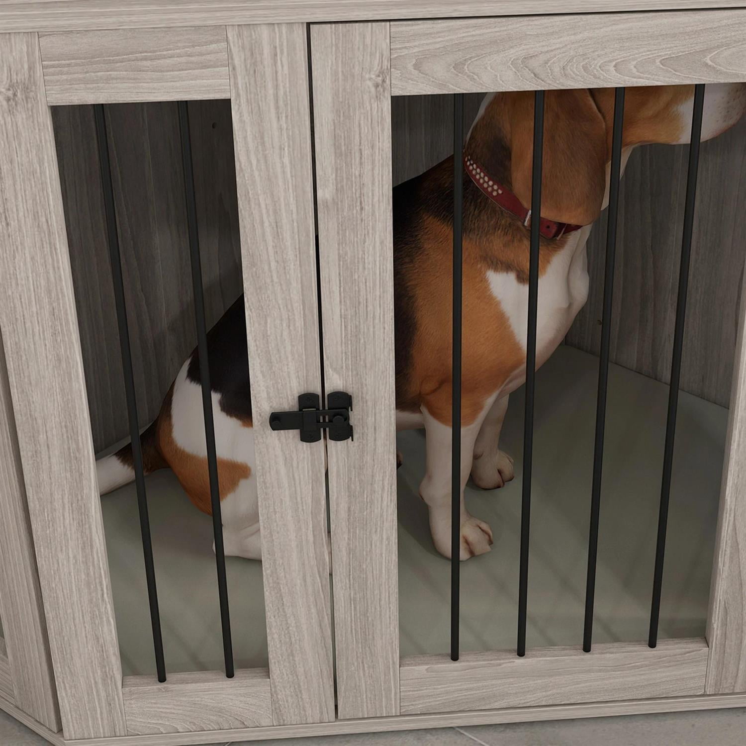 Pefilos 45" Corner Dog Crate Furniture with Cushion, Wooden Kennel Table, Indoor Dog House for Large Dogs, Gray