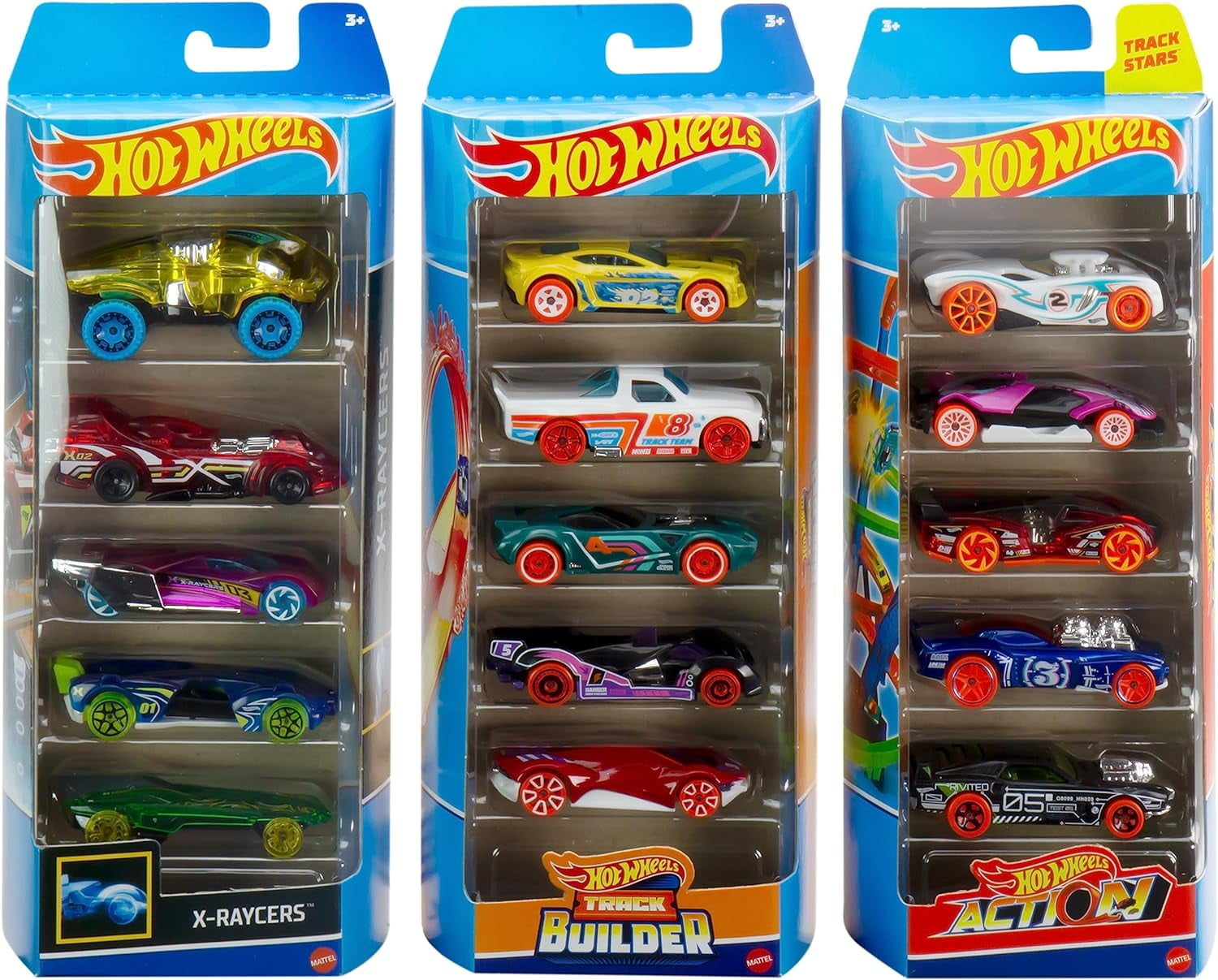 Hot Wheels Toy Cars & Trucks, Track Bundle Set of 15, 3 Different Track-Themed Packs of 5 1:64 Scale Vehicles for Collectors & Kids