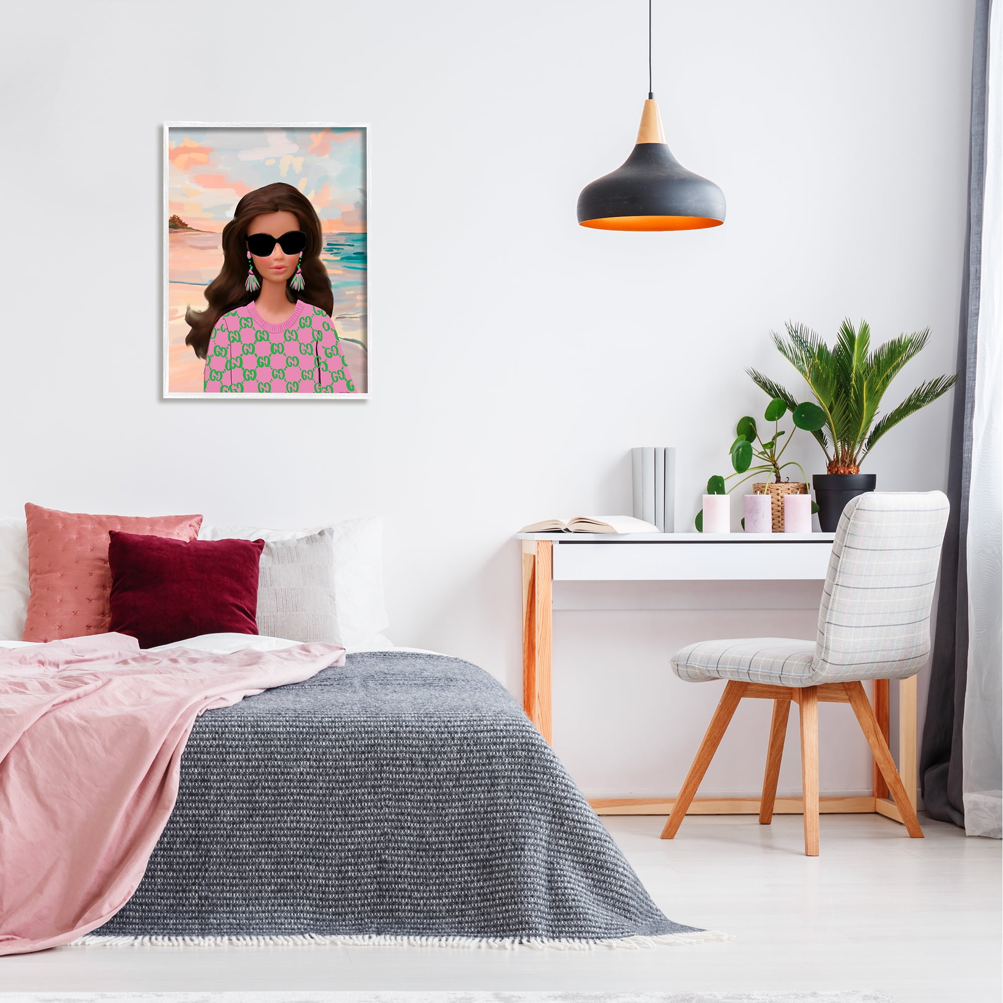 Stupell Industries Abstract Fashionista on Beach Landscape Painting White Framed Art Print Wall Art, 24 x 30