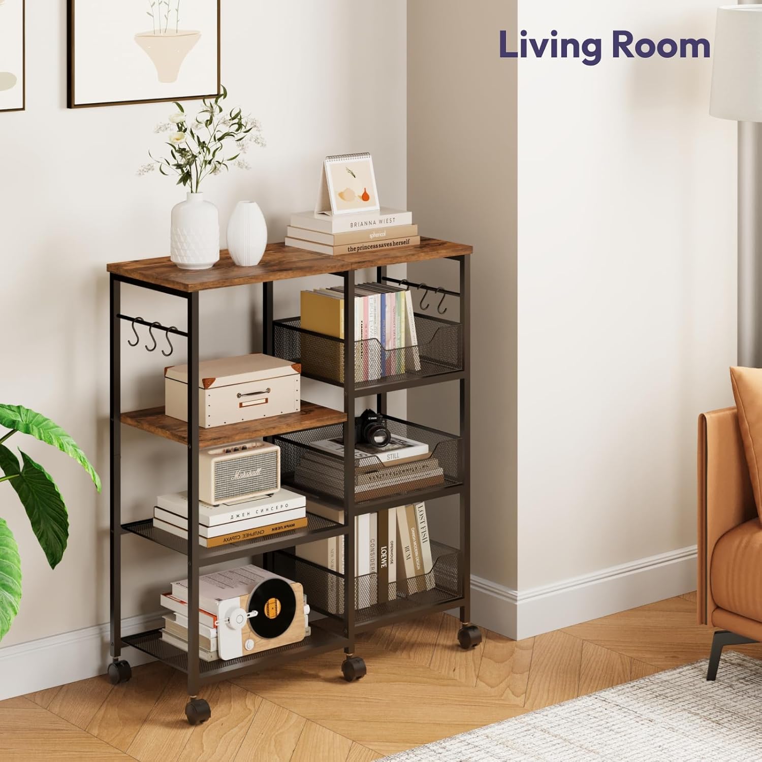 Kitchen Island Cart on Wheels - 4 Tier Rolling Kitchen Table Cart with Storage Shelves, 6 Removable Hooks & Locking Casters, Coffee Bar Cabinet for Dining Room Pantry Office, Espresso