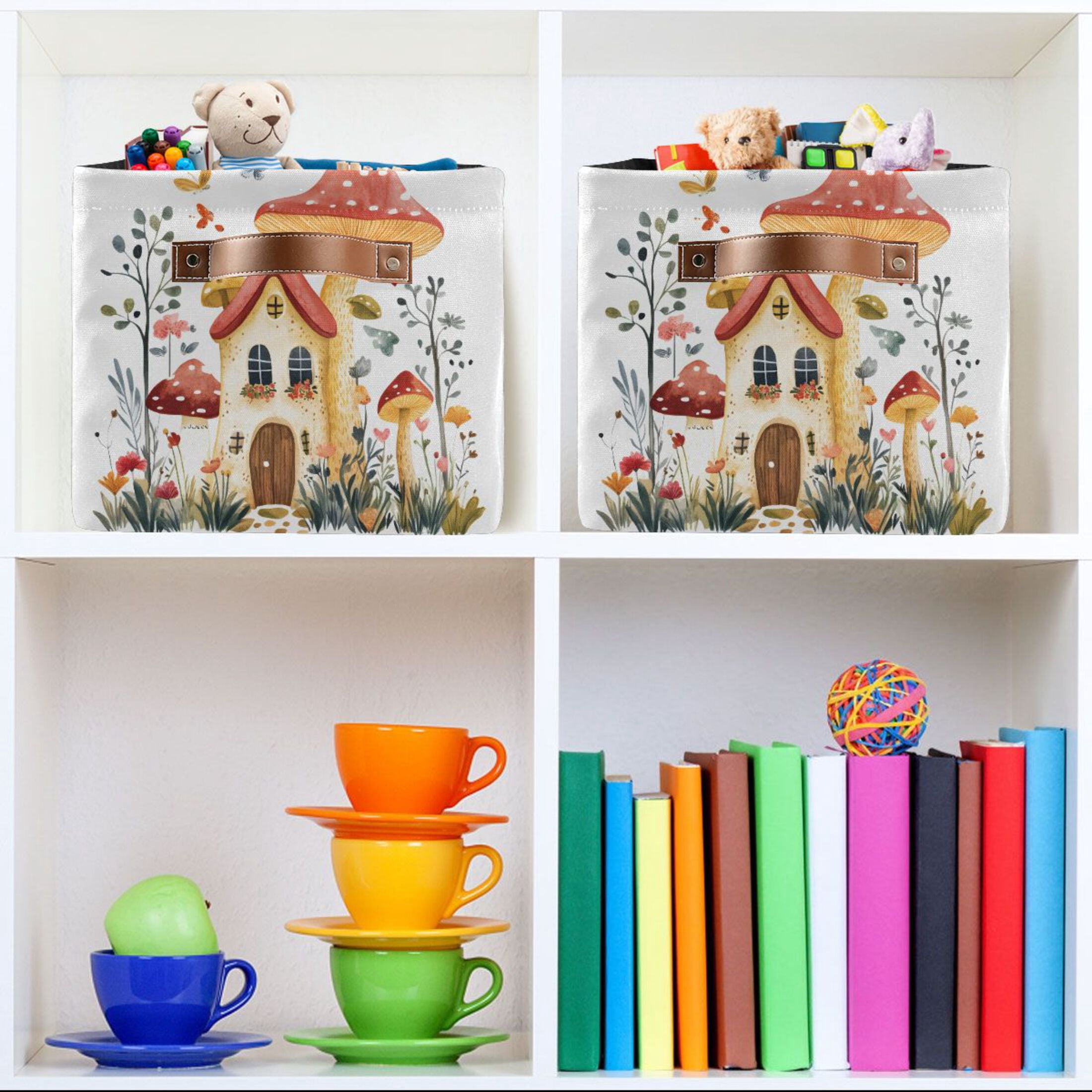 Ryvnso Mushroom on House Storage Basket Large Bin Foldable Boxes Toys Organizer 14.2x10.2x8.3in 2 PCs