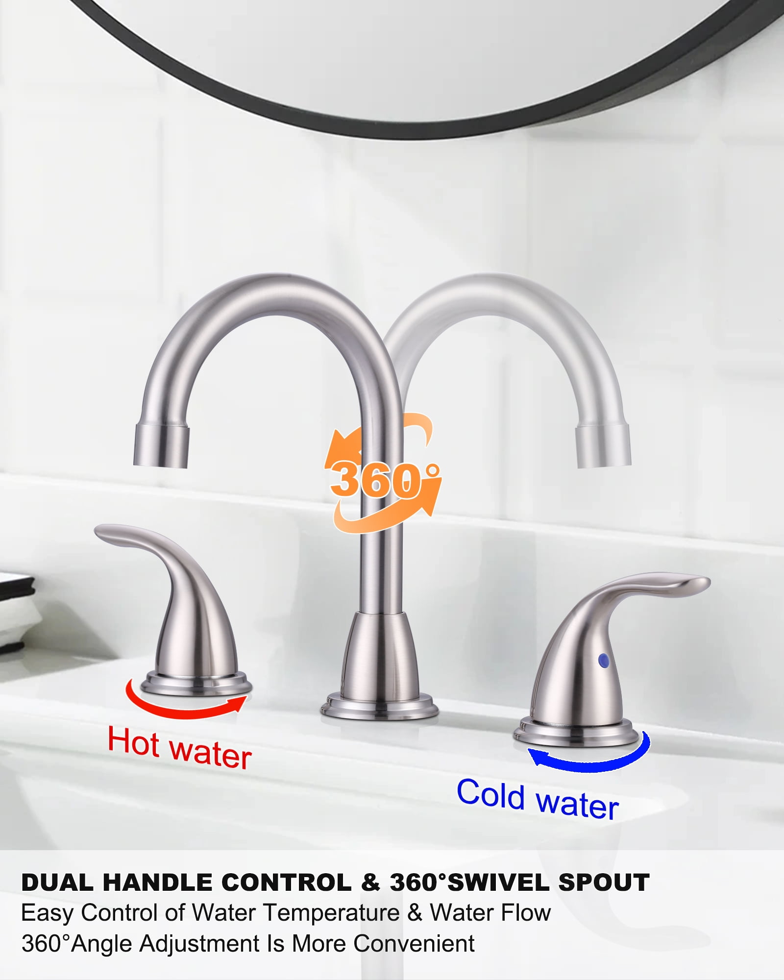 Wowow 3 Hole Widespread Bathroom Sink Faucet in Brushed Nickel,Fit for 6 inch and 8 inch Sink with Pop UP Drain