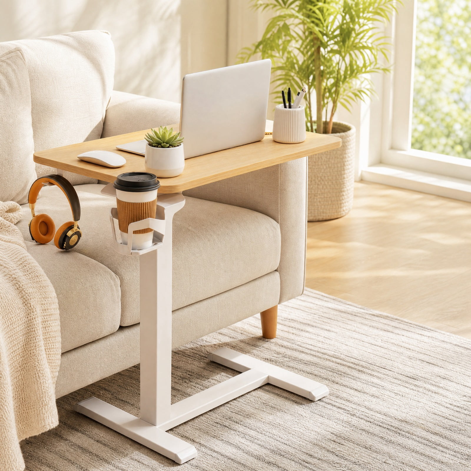 Furnibear Mobile Height Adjustable Overbed Bedside Table with Cup Holder and Wheels C Shaped Side Table for Bedroom Sofa, Natural