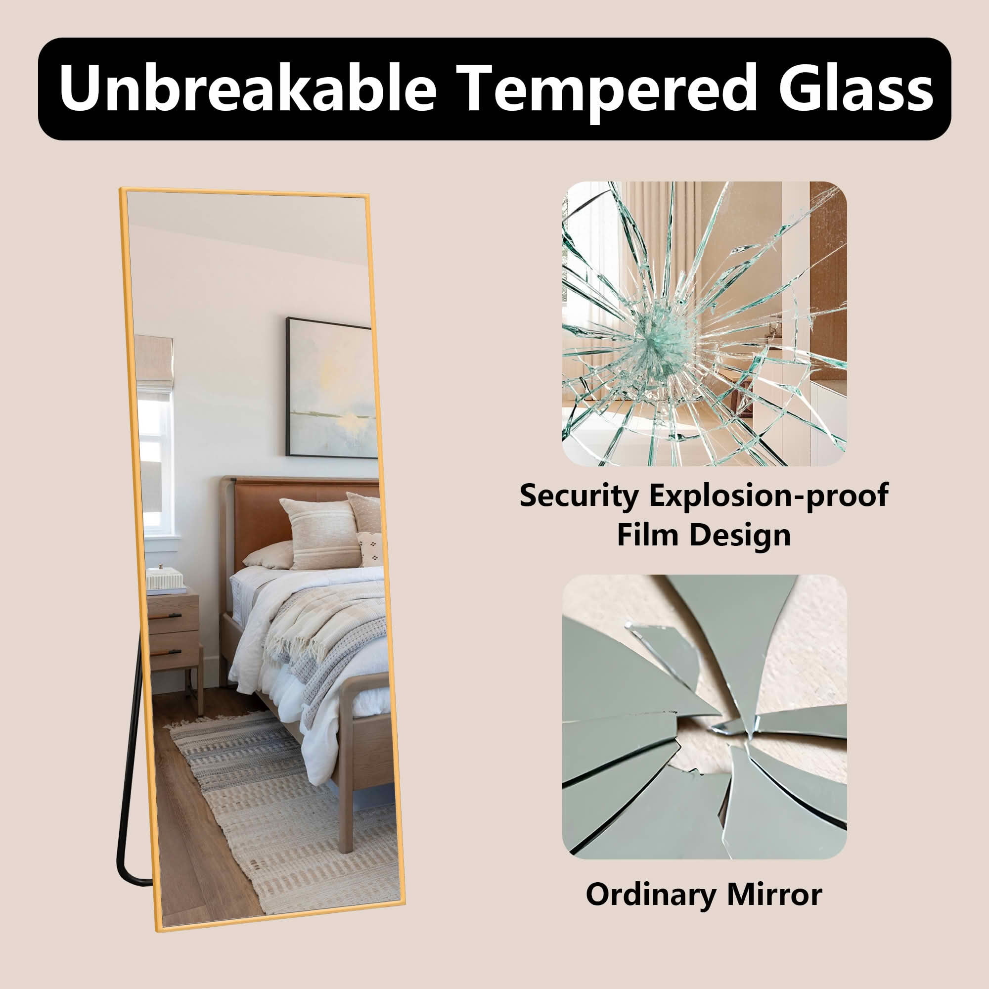 MAYEERTY 57x20in Aluminum Full-Length Mirror, Right Angle Tempered Glass With Stand, Gold