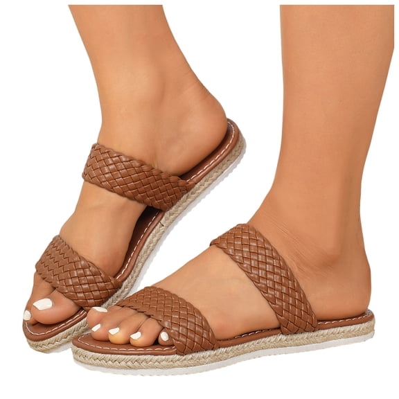 Espadrilles for Women Braided Double Band Open Toe Slides Sandals Lightweight Thick Sole Summer Beach Vacation Dress Flat Shoes Brown Size 6.5