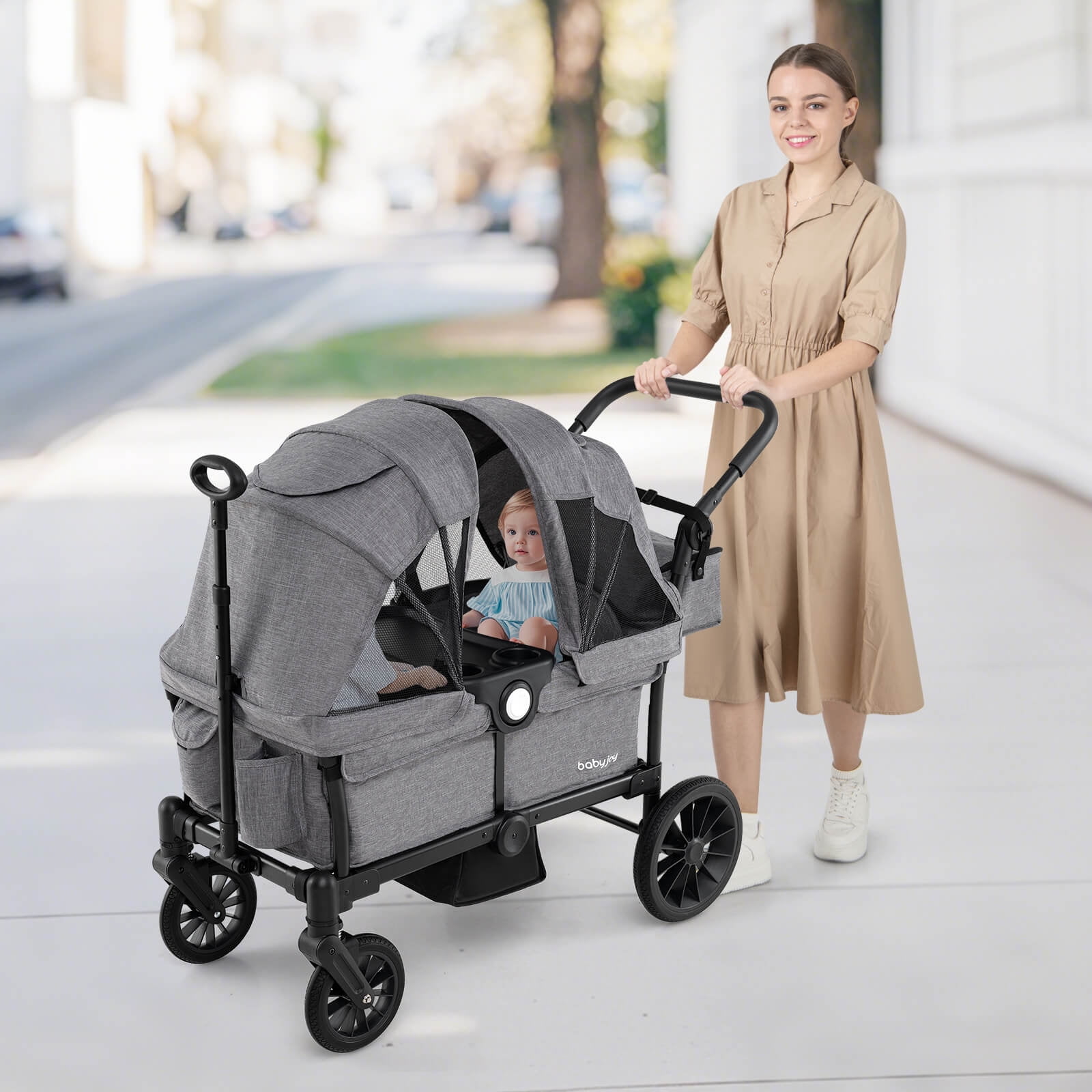 Infans Wagon Stroller for 2 Kids Push Pull Double Stroller with Adjustable Handle