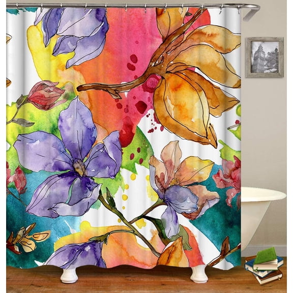 Spring Watercolor Floral Shower Curtains Fabric Colorful Flowers Watercolor Painting Decoration Design Polyester Cloth Print Bathroom Curtains Include Hooks-36"W x 72"L (Pack of 1)