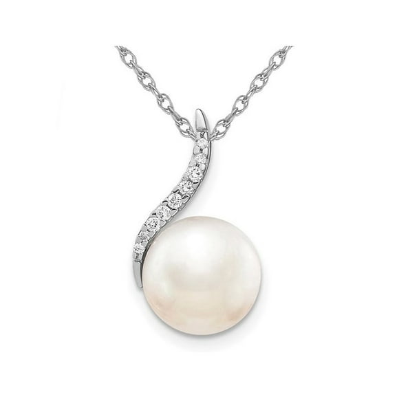 14K White Gold Freshwater Cultured Pearl (9-10mm) Pendant Necklace with Chain and Accent Diamonds
