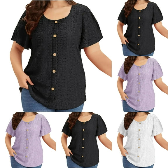 ZZwxWA Plus Size Tops for Women Summer Crewneck Neck with Button Up Short Sleeve Embroidery Solid Tshirt Casual Basic Shirt XL-5XL