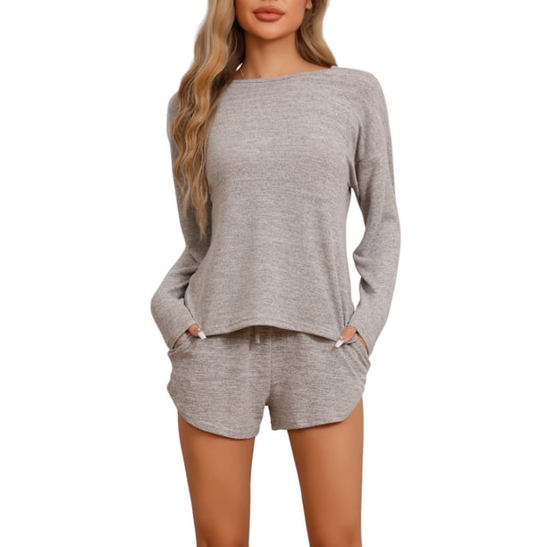 Conjunto de pijamas para mujer INSPIRE CHIC de manga larga, con cintura elástica, parte superior y pantalones cortos, conjunto de ropa de casa con bolsillos, color beige, talla S