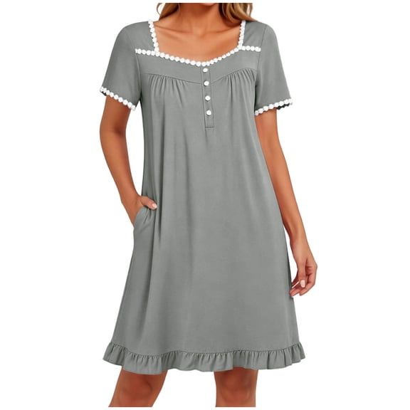GUACER Womens Casual House Dress with Pockets Short Sleeve Soft Lace Trim Henley Nightgown & Lounge Dress