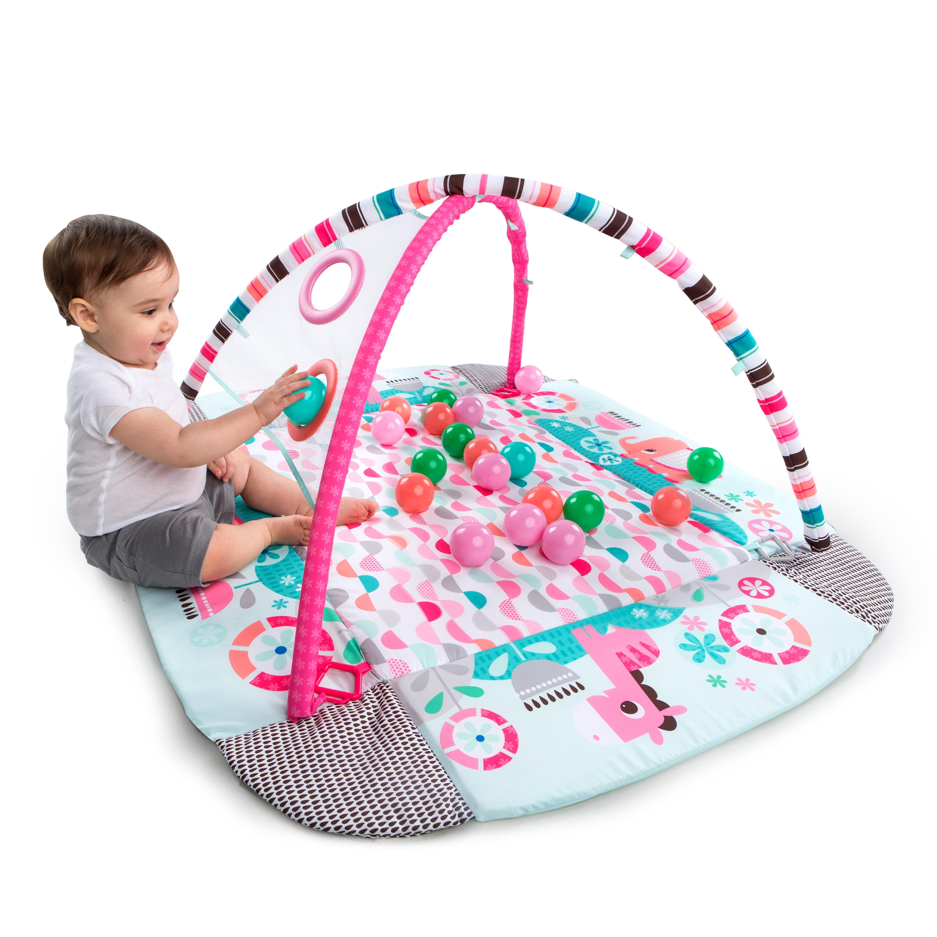 Bright Starts 5-in-1 Your Way Ball Play Baby Activity Play Gym & Ball Pit,  Includes 7 Toys, Newborn to Toddler - Rainbow Tropics (Pink)