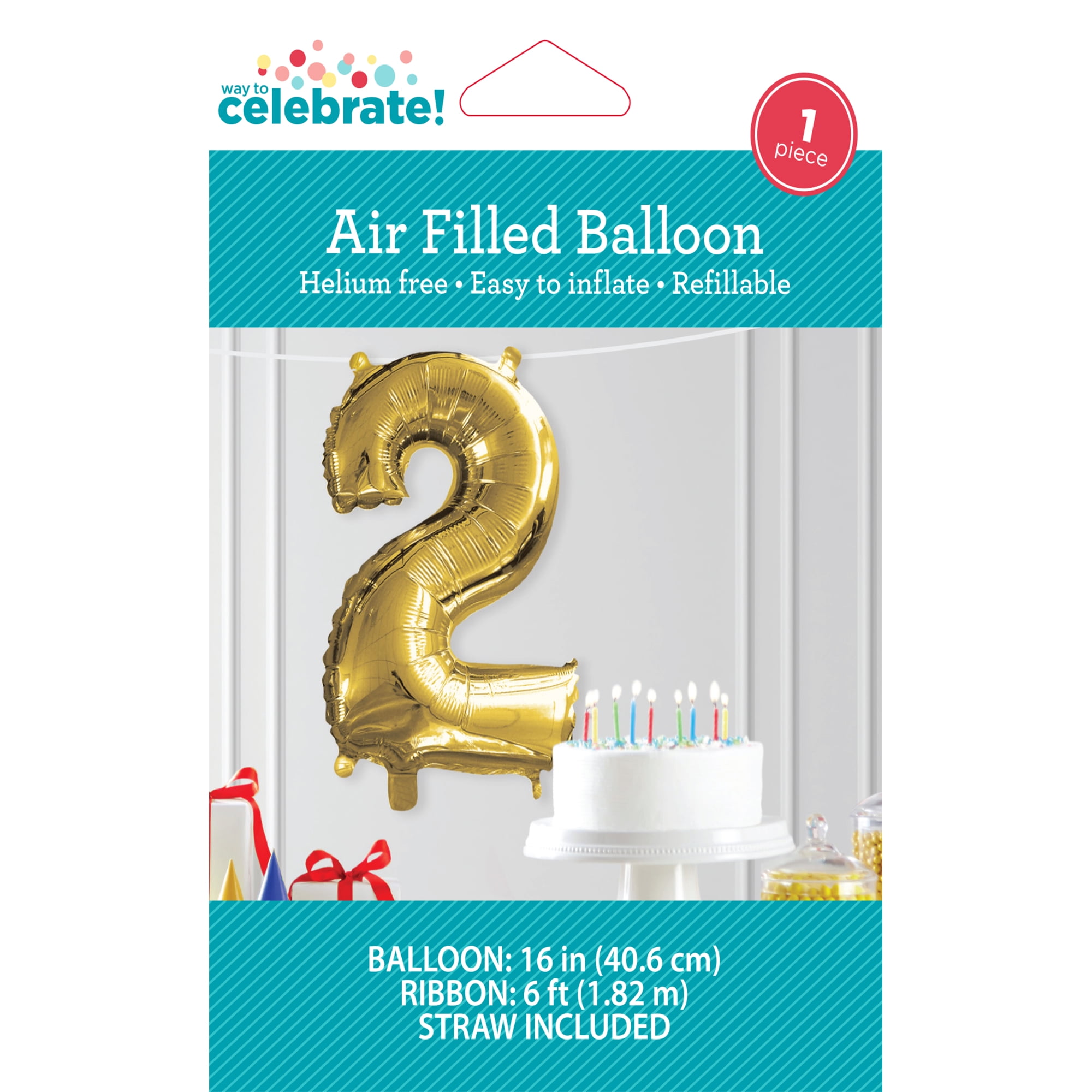 Way to Celebrate Party Gold Balloon Number "2", 1 Ct, 16"