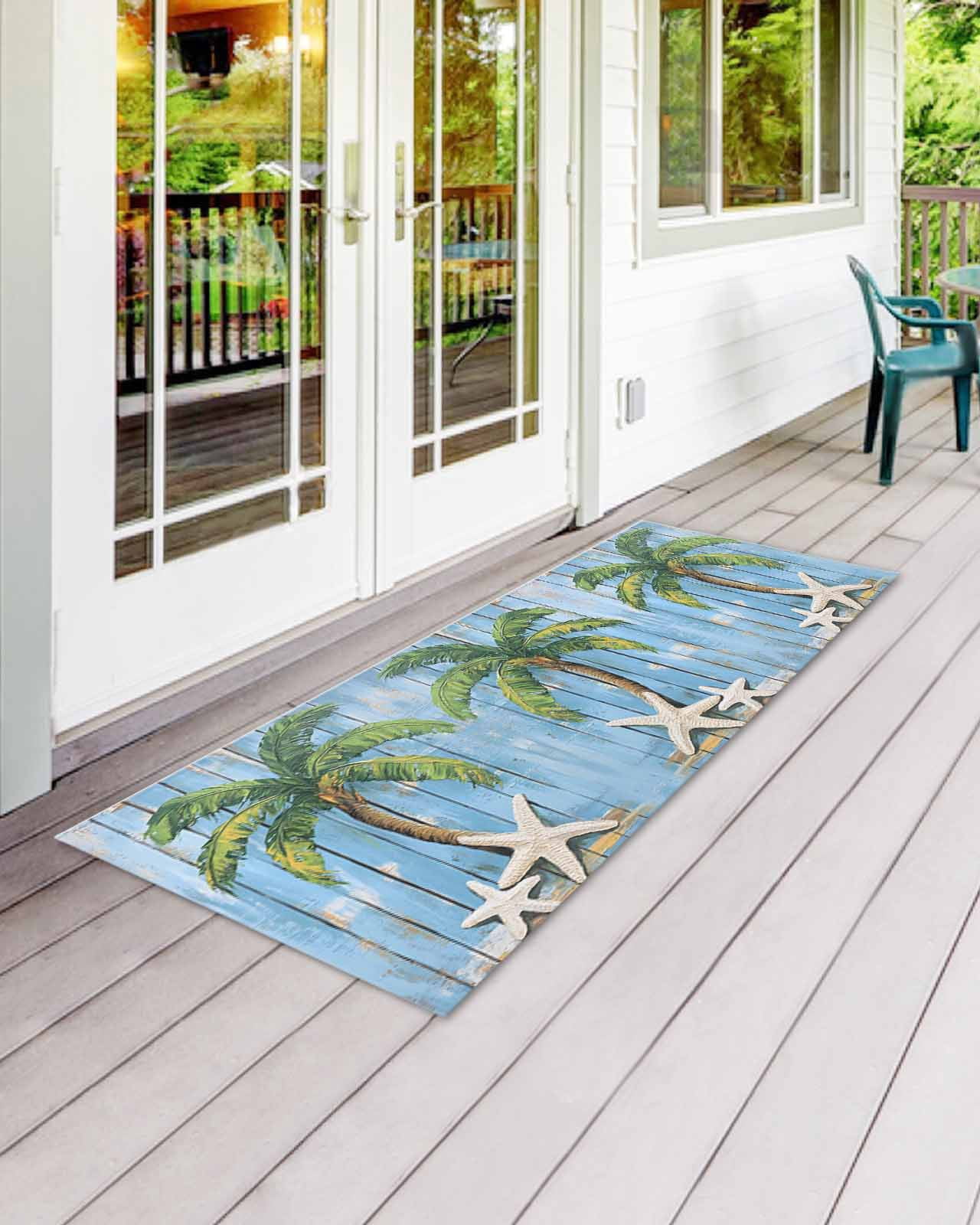 Tropical Plant Front Door Mat Blue Wood Grain Starfish Vintage Welcome Doormat Indoor Outdoor Entrance Floor Mat Non-Slip Washable Runner Rug for Front Porch Decor 24x71 Inch