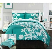 Chic Home DS3760-US Sweetpea Reversible Scale Floral Design Printed with Diamond Pattern Reverse Duvet Cover Set - Turquoise - Queen & Large - 3 Piece