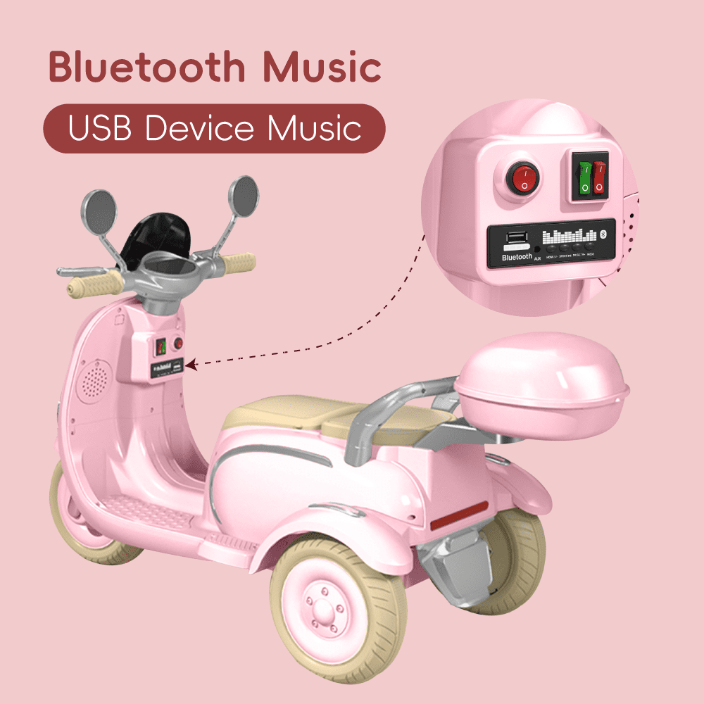 Hot Pink 12V Girl Motorcycle 3-Wheeler Battery Tricycle for Kid with Bluetooth Music LED Lights
