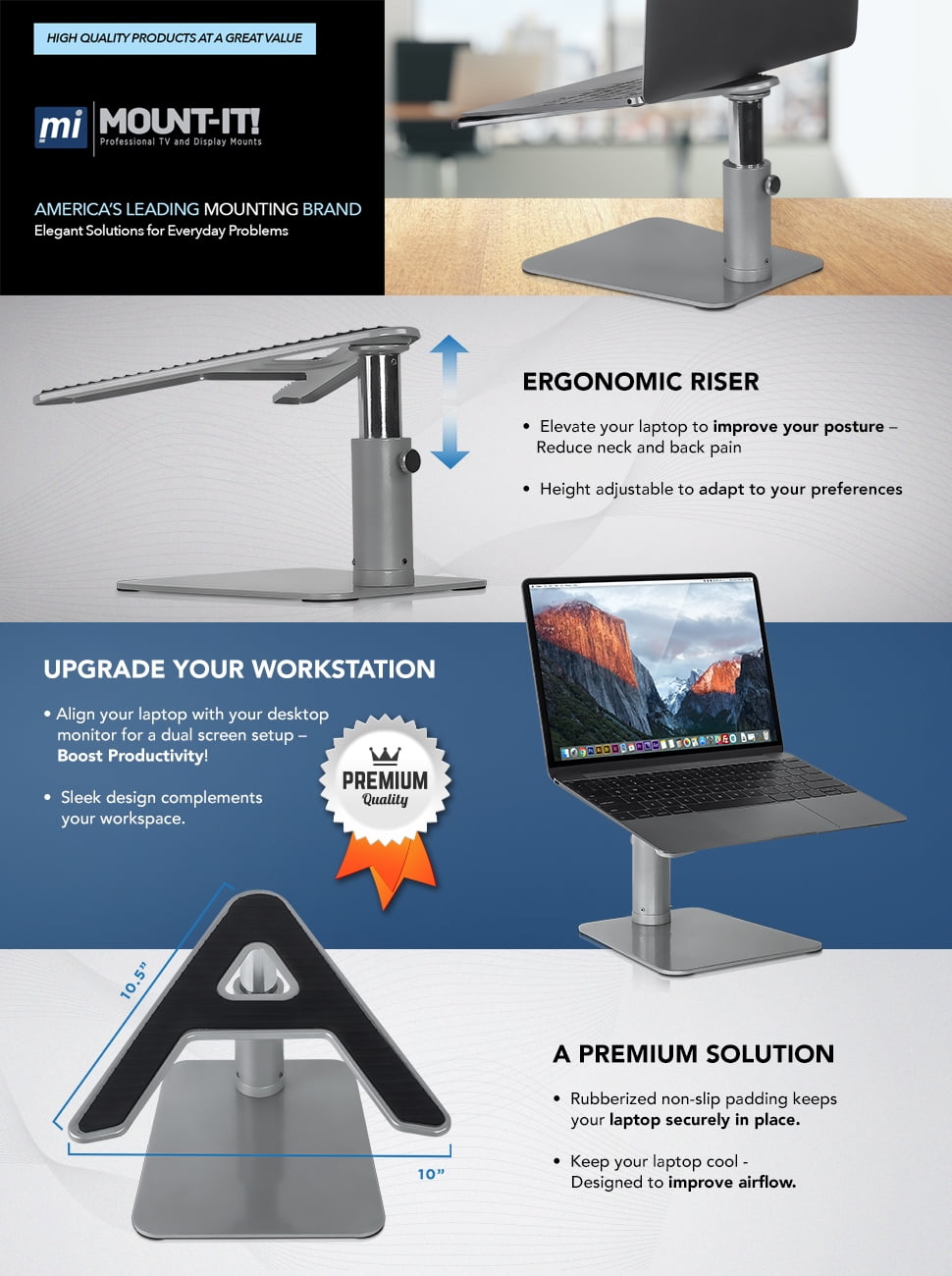 Mount-It! Adjustable Height Laptop Stand, Fits 11-15 Inch Screens