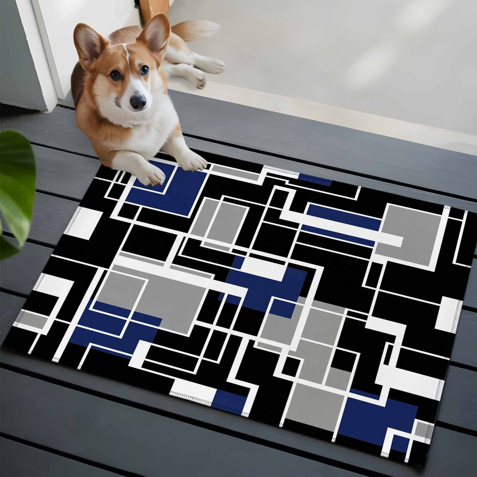 Navy Blue Black Geometric Entryway Rug 2'x3'&nbsp; Non Slip Front Door Mats, Modern Color Block Abstract Entrance Rugs Indoor Outdoor Carpet, Washable Floor Mats Small Area Rug for Bedroom Kitchen