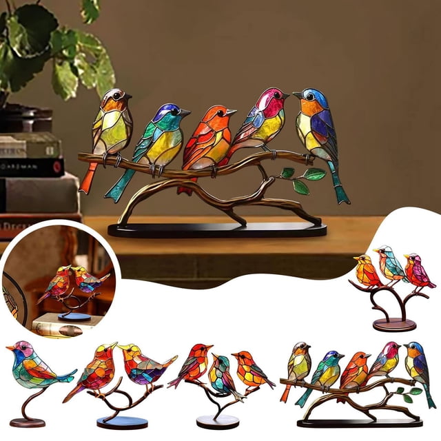 Ornamento De Pájaros De Metal, Decoración De Colibríes De Mesa, Coloridos Pájaros De Vidrieras En Los Adornos De Escritorio De La Rama, Hecho Con Acrílico, Ideal