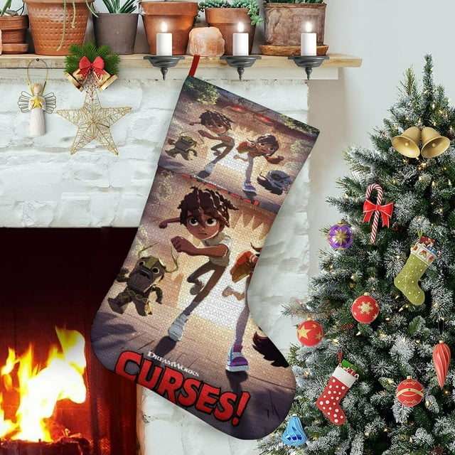 ¡Maldiciones! Tema: Calcetines de Navidad, fino lino blanco para colgar en escaleras y chimenea, decoración navideña para el hogar, regalo de Navidad.54cm×38cm