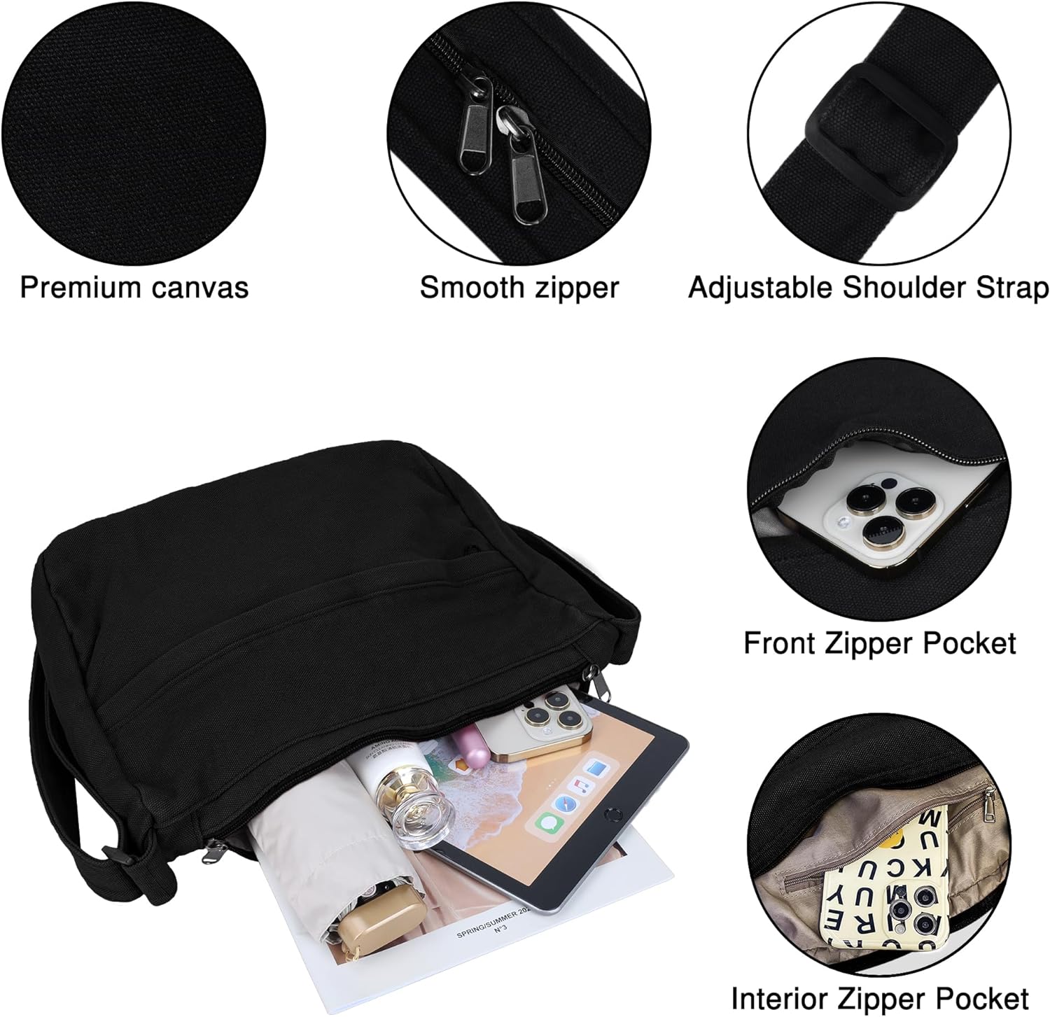 Canvas Messenger Bag Large Hobo Crossbody Bag with Zipper Casual Shoulder Tote Handbag for Women and Men