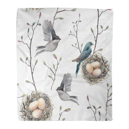 LADDKE Flannel Throw Blanket Brown Watercolour Watercolor Nest Birds and Tree Twigs Spring Soft for Bed Sofa and Couch 58x80