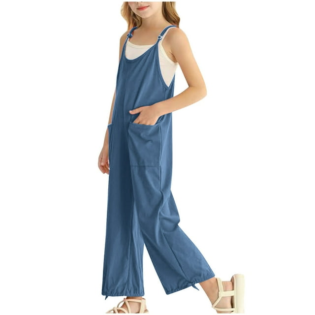 MIASHUI Combinaisons pour Filles Sans Manches Salopettes Décontractées Enfants Bretelles Spaghetti Combinaison Ample avec Poche, Bleu, 9-10 Ans