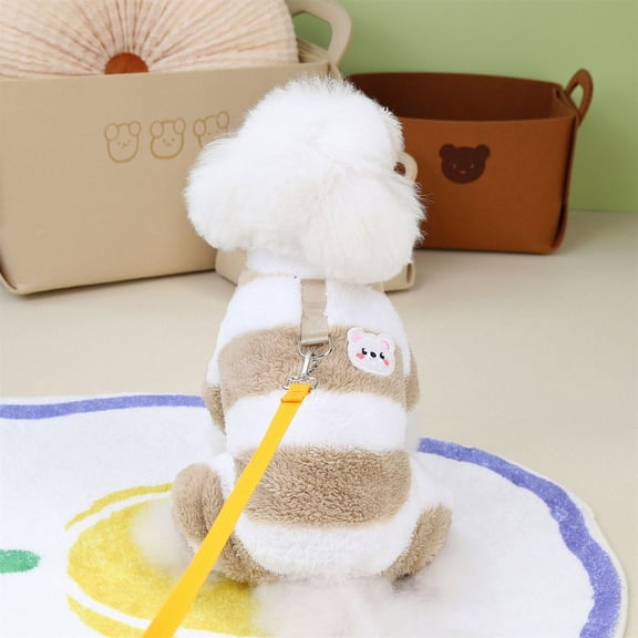 LLXD Dog Winter Fleece Bodysuit Camel M 4-Leg Striped Warm Pet Clothes with D-Ring for Small to Medium Breeds Cozy Puppy Pajamas Coat