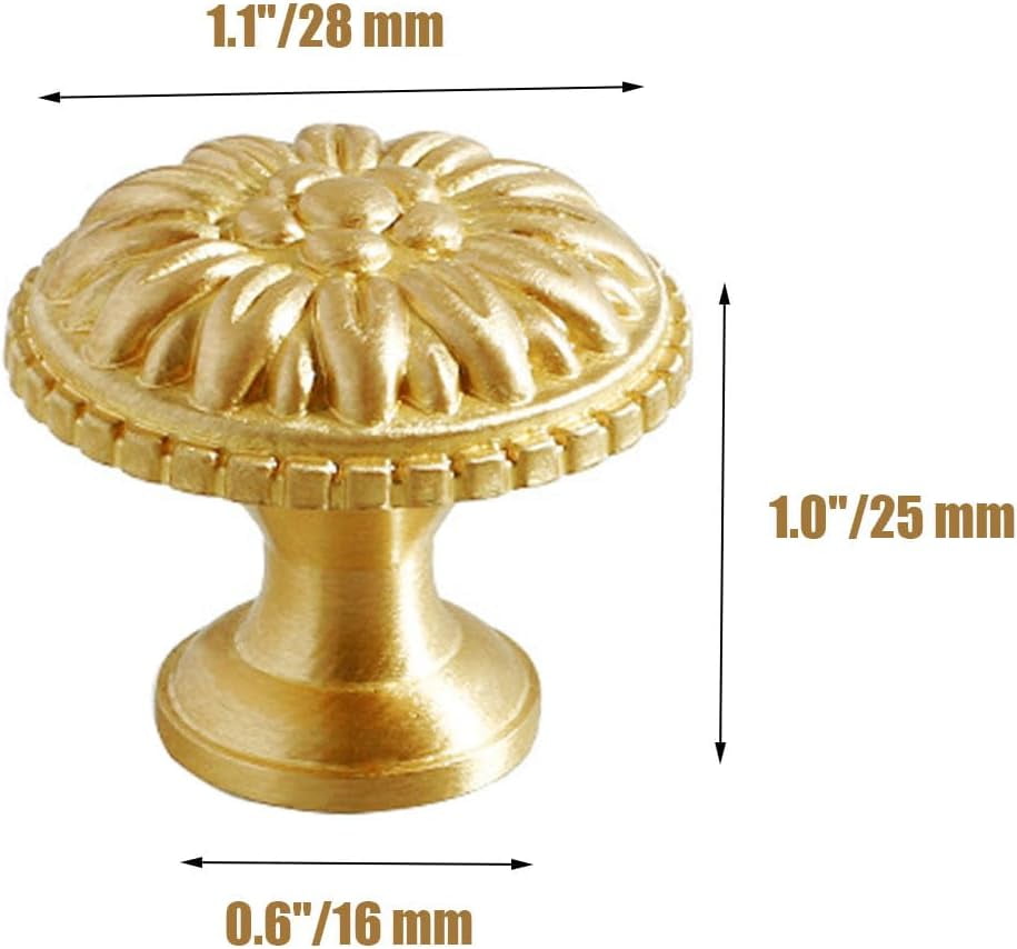 CATPAN 4PCS Vintage Brass Cabinet Knobs, Gold Dresser Drawer Knobs Kitchen Cupboard Bathroom Cabinet Round Handles Pulls for Home Cabinet Hardware Knobs