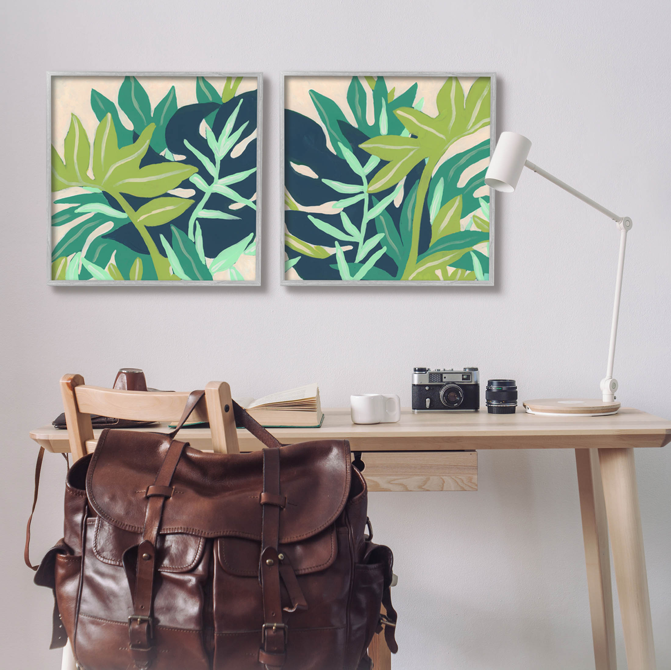 Stupell Industries Layered Tropical Botanical Leaves Graphic Art Gray Framed Art Print Wall Art, Set of 2, Design by June Erica Vess