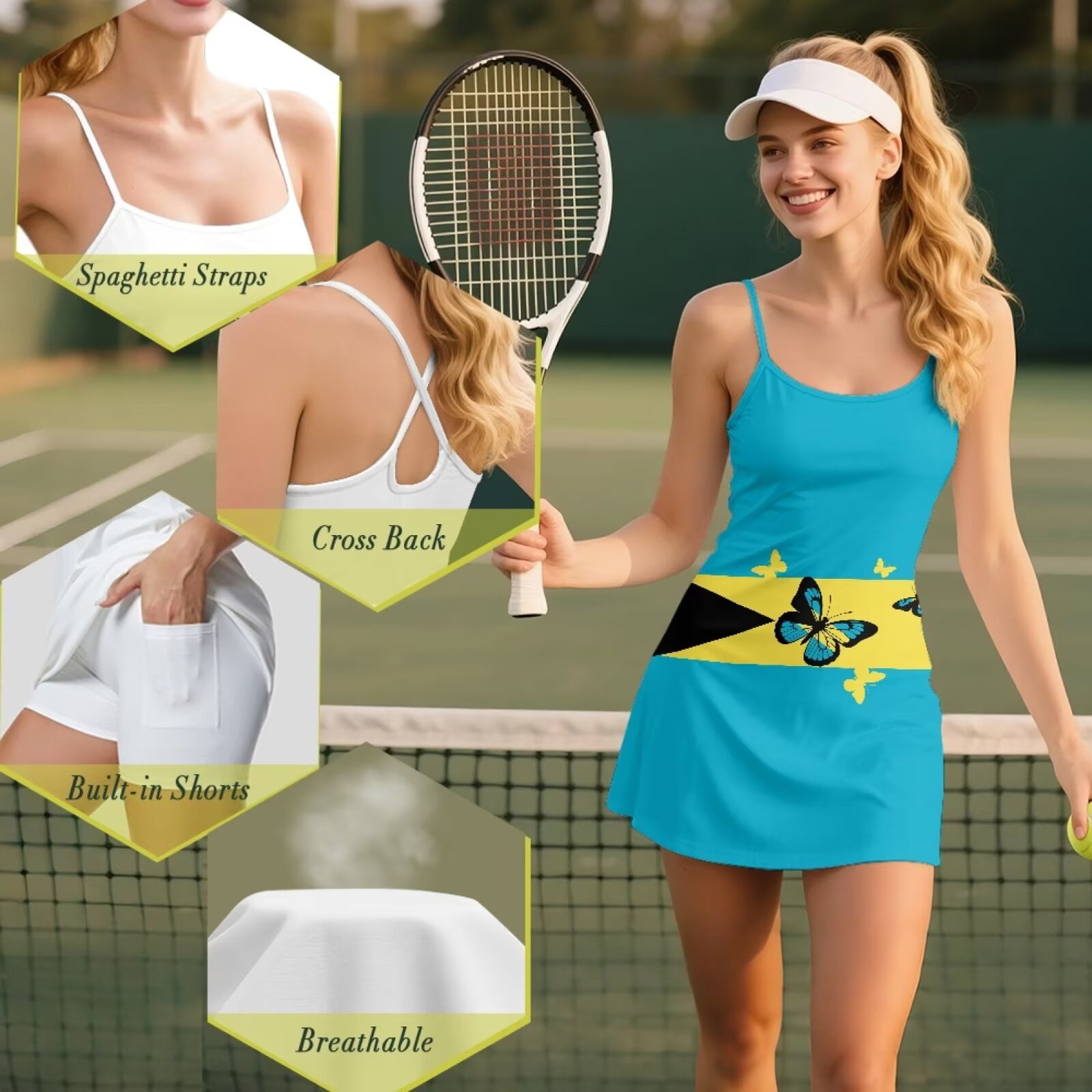 Psesaysky Womens Square Neck Athletic Dress Sleeveless Bahamas Flag Butterfly Print Tennis Golf Exercise Mini Dresses Trendy Summer Outfits, Size XL