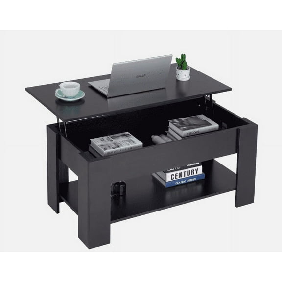 Lift-Top Coffee Table with Hidden Compartment & Storage Shelf for Living Room - Black