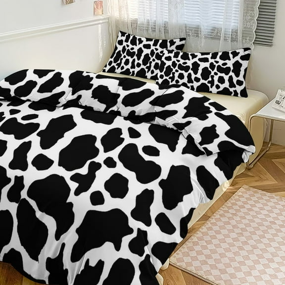 3 Pcs Soft Bedding Set, Includes 1 Duvet Cover with Zipper And 2 Pillow Shams,Cow Print black White Twin(86"x70")