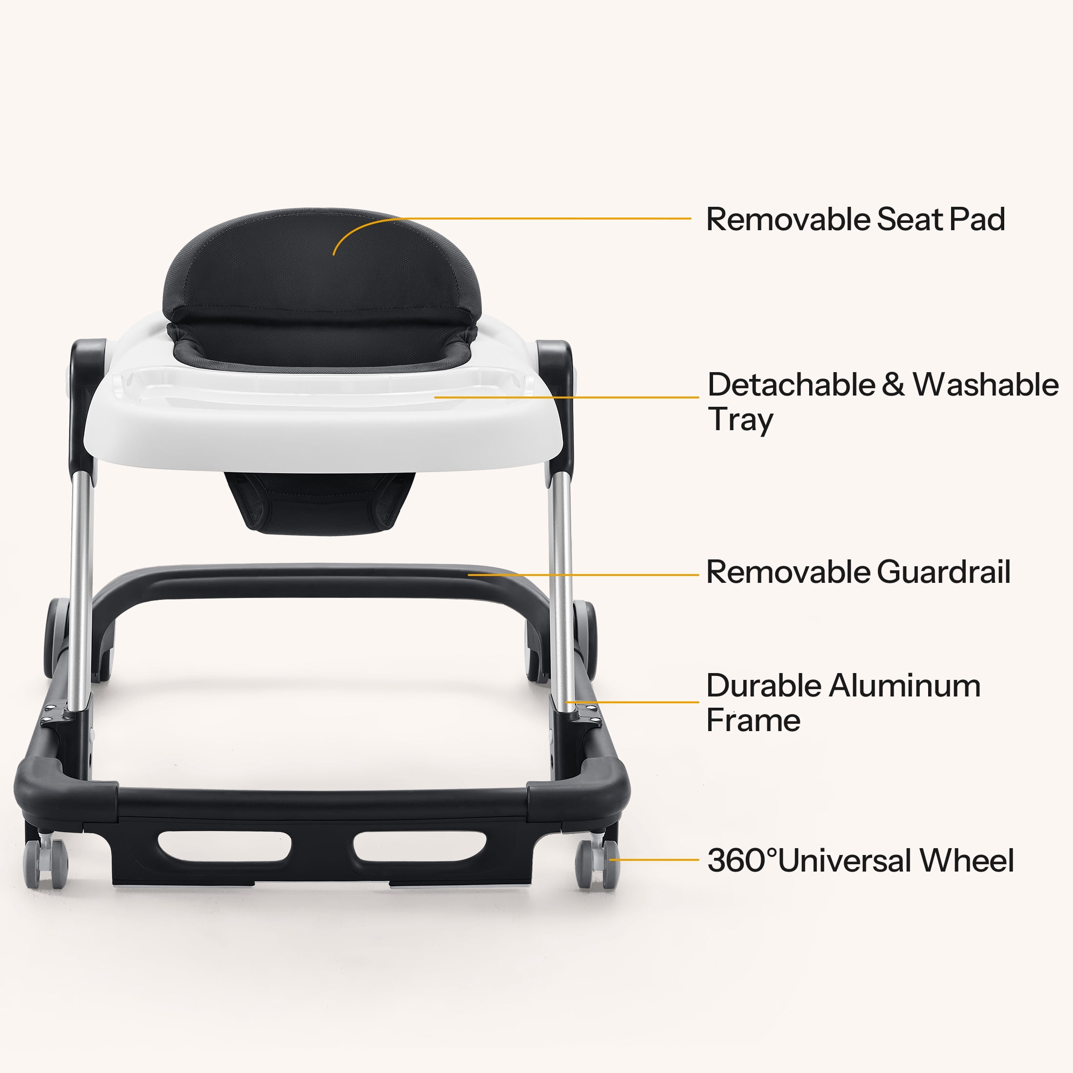 HARPPA Baby Walker for Babies 6-18 Months, Anti-Rollover, Seat and Height Adjustable, Black