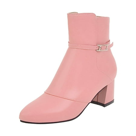 

LBECLEY Cute Boots for Women No Heel Mens Simple Solid Color Leather Belt Buckle Side Zipper Thick High Heel Short Boots Wide Width Boots for Women with Heel Pink 40